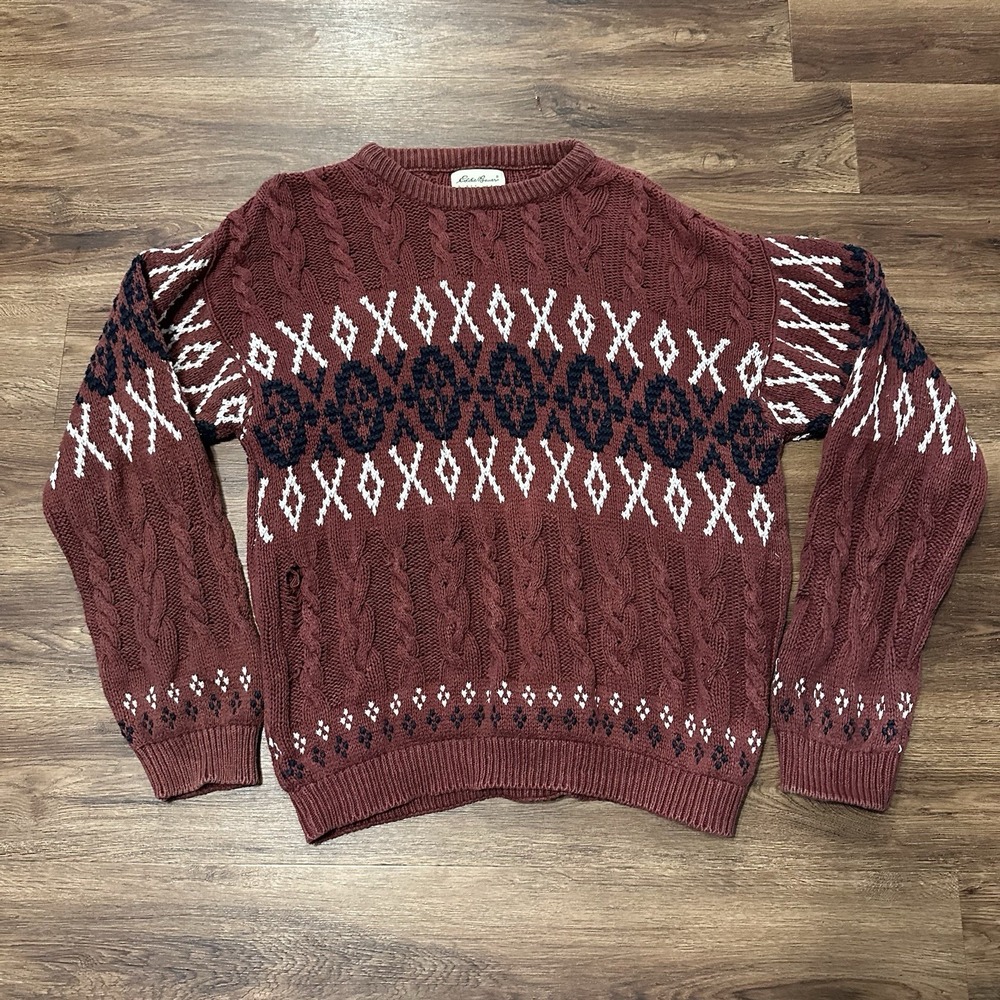 Eddie Bauer Mens L Cable Knit Fair Isle Nordic Sweater 100% Cotton Burgundy